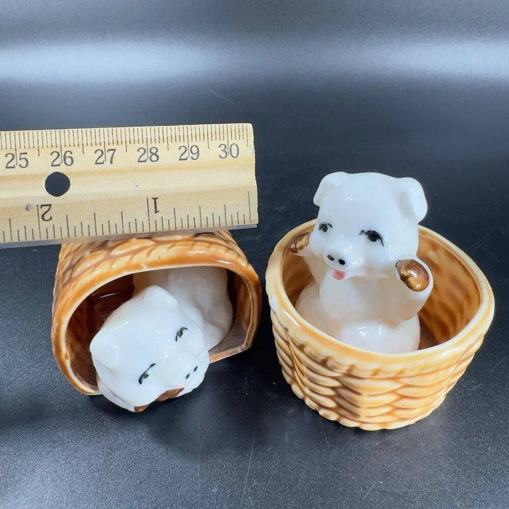Vintage 1980s Porcelain Pings In Woven Basket Figurine‎ Set Made On Taiwan VTG